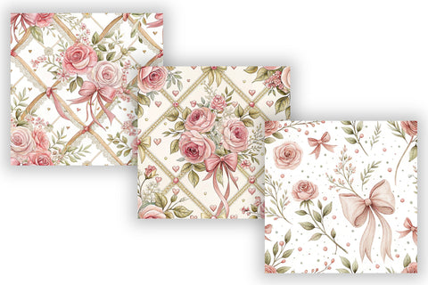 Coquette Bow Floral Digital Paper, Seamless Watercolor Pattern Bundle, Printable Scrapbook Paper, Pink Rose Feminine Design Collection Digital Pattern FloridPrintables 