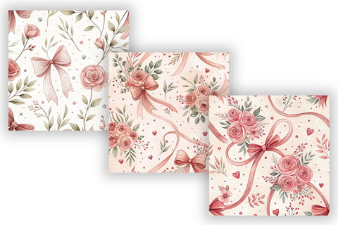 Coquette Bow Floral Digital Paper, Seamless Watercolor Pattern Bundle, Printable Scrapbook Paper, Pink Rose Feminine Design Collection Digital Pattern FloridPrintables 