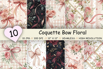 Coquette Bow Floral Digital Paper, Seamless Watercolor Pattern Bundle, Printable Scrapbook Paper, Pink Rose Feminine Design Collection Digital Pattern FloridPrintables 