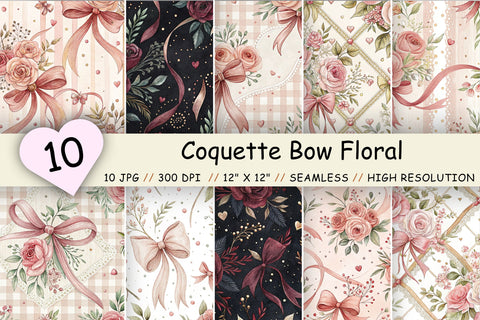 Coquette Bow Floral Digital Paper, Seamless Watercolor Pattern Bundle, Printable Scrapbook Paper, Pink Rose Feminine Design Collection Digital Pattern FloridPrintables 