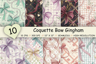 Coquette Bow Gingham Digital Paper, Seamless Watercolor Pattern Bundle, Printable Scrapbook Paper, Pink Ribbon Feminine Design Collection Digital Pattern FloridPrintables 