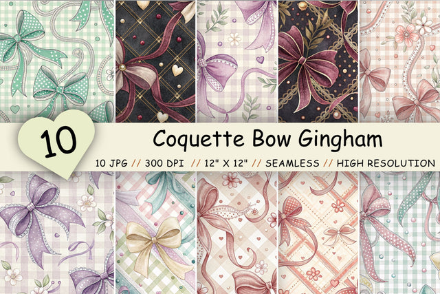 Coquette Bow Gingham Digital Paper, Seamless Watercolor Pattern Bundle, Printable Scrapbook Paper, Pink Ribbon Feminine Design Collection Digital Pattern FloridPrintables 