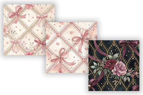 Coquette Bow Lace Digital Paper, Seamless Watercolor Pattern Bundle, Printable Scrapbook Paper, Pink Ribbon Feminine Design Collection Digital Pattern FloridPrintables 