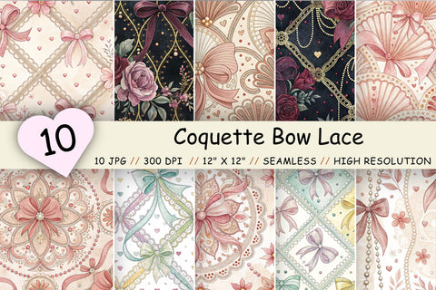 Coquette Bow Lace Digital Paper, Seamless Watercolor Pattern Bundle, Printable Scrapbook Paper, Pink Ribbon Feminine Design Collection Digital Pattern FloridPrintables 