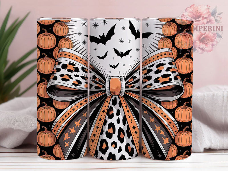 Coquette Bow Leopard Print Halloween Tumbler, Leopard Print Halloween 20Oz Sublimation, Spooky Glam Coffee Cup, Chic Autumn Drinkware Design, Gothic Fashion Mug Wrap, Trendy Halloween Cup, Cute Spooky Tumble Sublimation Li Zamperini 