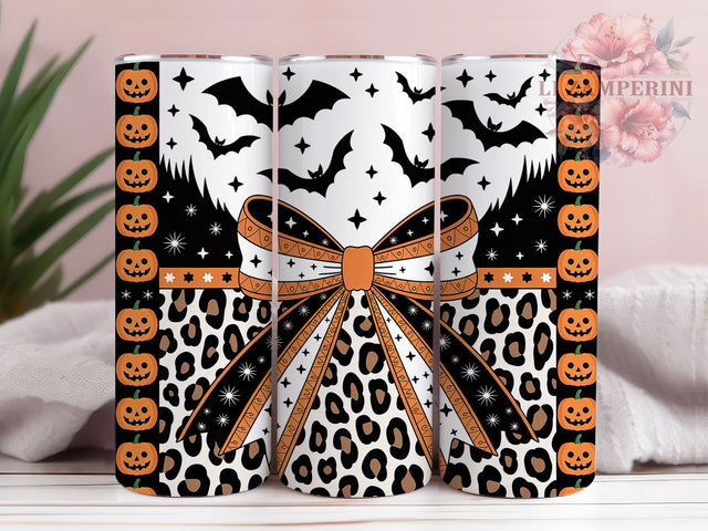 Coquette Bow Leopard Print Halloween Tumbler, Leopard Print Halloween 20Oz Sublimation, Spooky Glam Coffee Cup, Chic Autumn Drinkware Design, Gothic Fashion Mug Wrap, Trendy Halloween Cup, Cute Spooky Tumble Sublimation Li Zamperini 