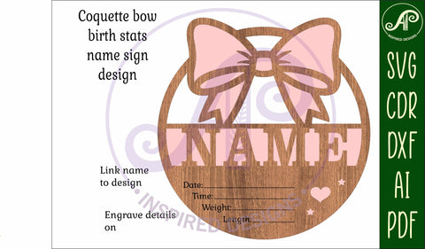 Coquette bow Newborn Baby stats, Birth plaque, name SVG APInspireddesigns 