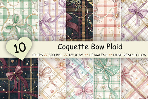 Coquette Bow Plaid Digital Paper Pack, Seamless Watercolor Pattern Bundle, Printable Scrapbook Paper, Pink Ribbon Tartan Design Collection Digital Pattern FloridPrintables 