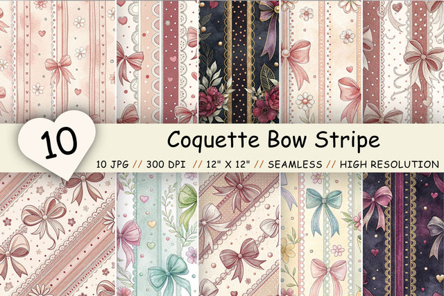 Coquette Bow Stripe Digital Paper, Seamless Watercolor Pattern Bundle, Printable Scrapbook Paper, Pink Ribbon Feminine Design Collection Digital Pattern FloridPrintables 
