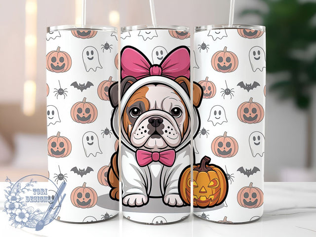 Coquette Bulldog Cute Halloween Tumbler, Cute Halloween Wrap, English Bulldog Cup, Kawaii Dog Design, 20Oz Sublimation Wrap, Spooky Puppy Drinkware, Girly Halloween Tumbler Sublimation ToriDesigns 
