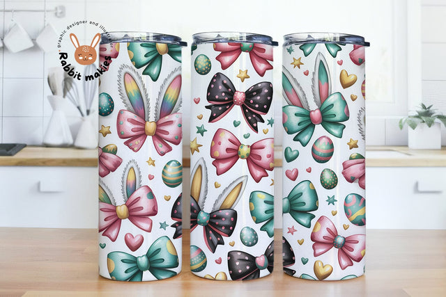 Coquette Bunny Ears & Bows Tumbler Wrap PNG – Easter Coquette Bows Digital Download – 20oz Skinny Tumbler Sublimation Design Sublimation Rabbitmakies 
