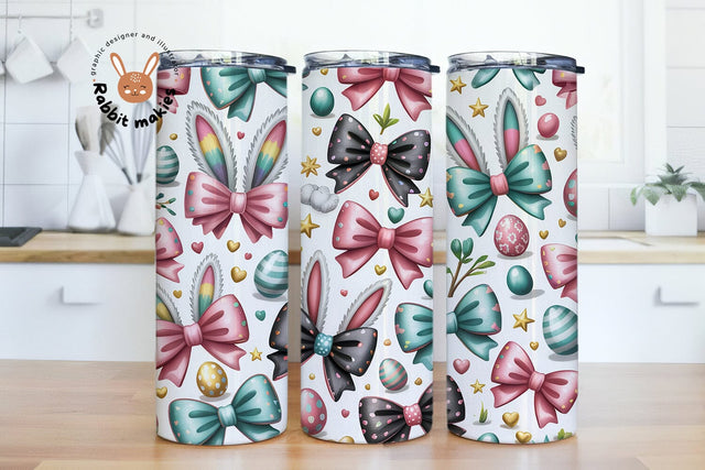 Coquette Bunny Ears & Bows Tumbler Wrap PNG – Easter Coquette Bows Digital Download – 20oz Skinny Tumbler Sublimation Design Sublimation Rabbitmakies 