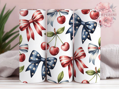 Coquette Cherry Patriotic Bow 20oz Tumbler, 4th Of July, American Flag Bows, Cherry Motif, Girly Patriotic, 20oz Tumbler Wrap, Sublimation PNG Sublimation Li Zamperini 