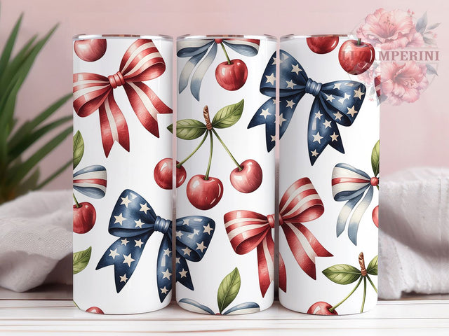 Coquette Cherry Patriotic Bow 20oz Tumbler, 4th Of July, American Flag Bows, Cherry Motif, Girly Patriotic, 20oz Tumbler Wrap, Sublimation PNG Sublimation Li Zamperini 