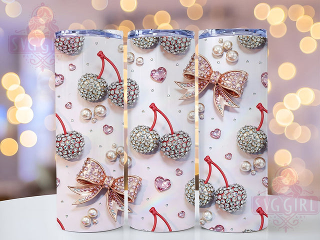 Coquette Cherry Rose Gold 20oz Tumbler, Diamond Cherries, Rose Gold Bow, Crystal Studded, Elegant Design, Skinny Tumbler, Sublimation PNG Sublimation SvggirlplusArt 