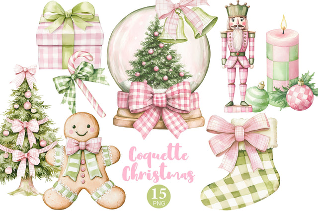 Coquette Christmas Clipart | Pink Green Xmas PNG SVG GlamArtZhanna 