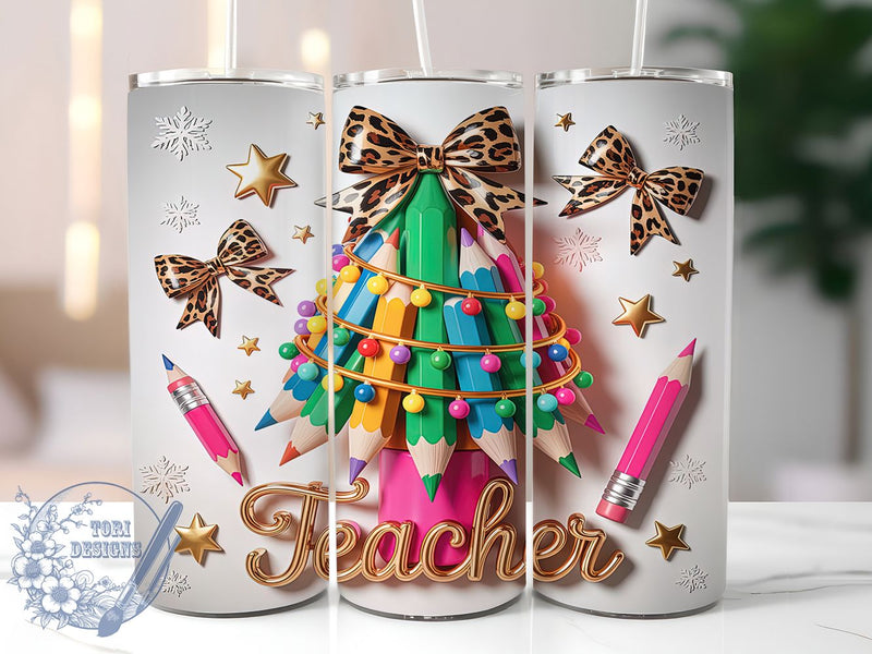 Coquette Christmas Teacher Tumbler, Teacher Christmas Design, Holiday Teacher Tumbler, Festive Tree Graphic, Cute Teacher Gift, 20oz Tumbler, Sublimation Design Sublimation ToriDesigns 