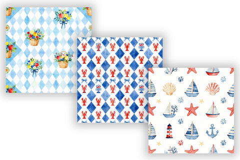 Coquette Coastal Summer Digital Paper, Seamless Watercolor Nautical Pattern Pack, Printable Scrapbook Paper, Bow Beach Design Bundle Digital Pattern FloridPrintables 