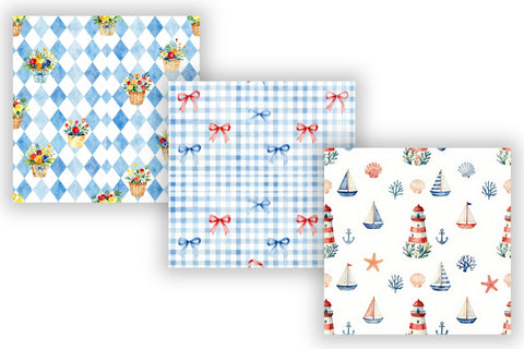 Coquette Coastal Summer Digital Paper, Seamless Watercolor Nautical Pattern Pack, Printable Scrapbook Paper, Bow Beach Design Bundle Digital Pattern FloridPrintables 