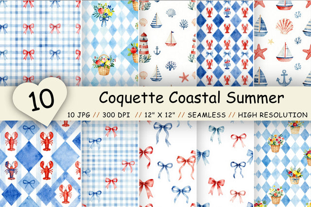 Coquette Coastal Summer Digital Paper, Seamless Watercolor Nautical Pattern Pack, Printable Scrapbook Paper, Bow Beach Design Bundle Digital Pattern FloridPrintables 