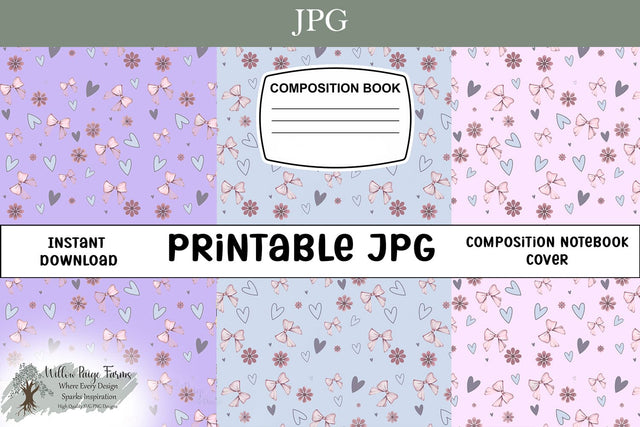 Coquette Composition Notebook Cover Printable – Pink Bows, Hearts & Flowers on Light Blue – 6.9" x 10" JPG for 7.5" x 9.75" Notebooks – Sweet Girly Aesthetic – 300 DPI Sublimation Willow Paige Farms 