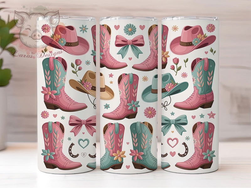 Coquette Cowgirl Boots Tumbler, Boots Hat Tumbler, Western 20oz Wrap, Sublimation Design, Stylish Gift Idea, Feminine Cowgirl Wrap, Cute Country Tumbler Sublimation Lara' s Designs 