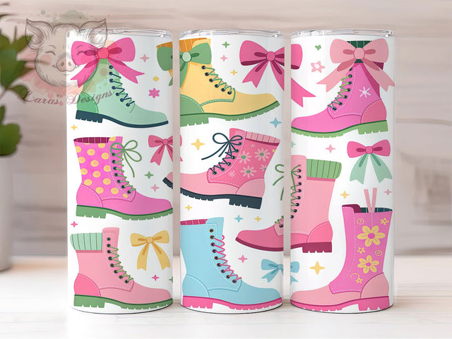 Coquette Cowgirl Boots Tumbler, Coquette Bow Pattern, Western Chic Design, 20Oz Sublimation Wrap, Feminine Cowgirl Art, Stylish Country Texture, Tumbler Sublimation Sublimation Lara' s Designs 