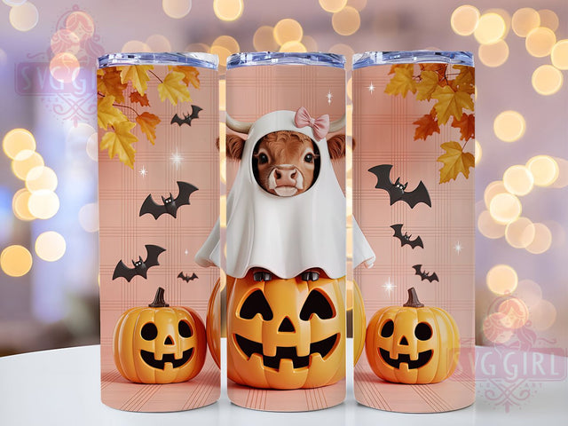 Coquette Cute Cow Halloween Tumbler, Cute Highland Cow Cup, 20Oz Sublimation Wrap, Kawaii Cow Mug, Pastel Halloween Drinkware, Adorable Cow Tumbler, Girly Spooky Design Sublimation SvggirlplusArt 