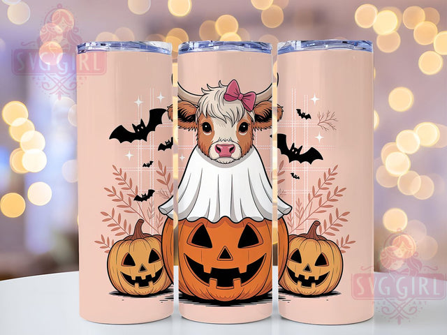 Coquette Cute Cow Halloween Tumbler, Cute Highland Cow Cup, 20Oz Sublimation Wrap, Kawaii Cow Mug, Pastel Halloween Drinkware, Adorable Cow Tumbler, Girly Spooky Design Sublimation SvggirlplusArt 