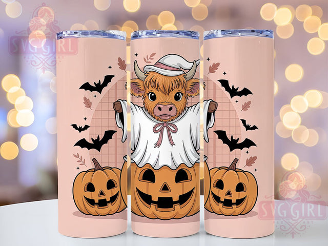 Coquette Cute Cow Halloween Tumbler, Cute Highland Cow Cup, 20Oz Sublimation Wrap, Kawaii Cow Mug, Pastel Halloween Drinkware, Adorable Cow Tumbler, Girly Spooky Design Sublimation SvggirlplusArt 