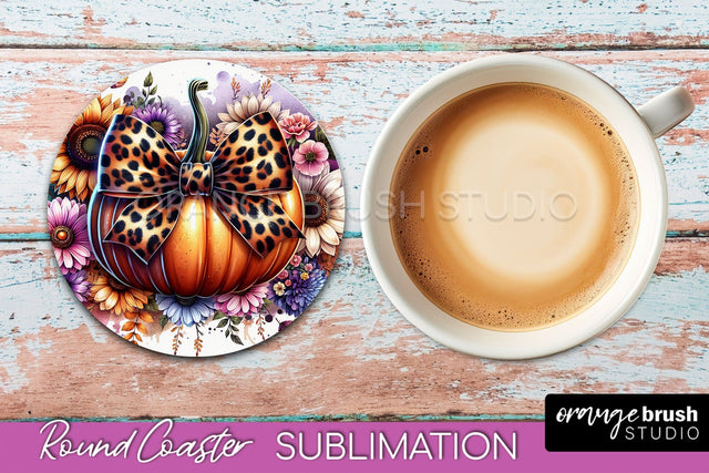 Coquette Fall Pumpkin Round Coaster Sublimation Design Sublimation OrangeBrushStudio 