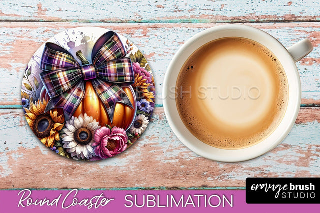 Coquette Fall Pumpkin Round Coaster Sublimation Design Sublimation OrangeBrushStudio 