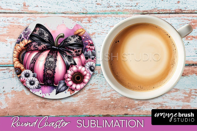 Coquette Fall Pumpkin Round Coaster Sublimation Design Sublimation OrangeBrushStudio 