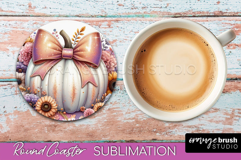 Coquette Fall Pumpkin Round Coaster Sublimation Design Sublimation OrangeBrushStudio 