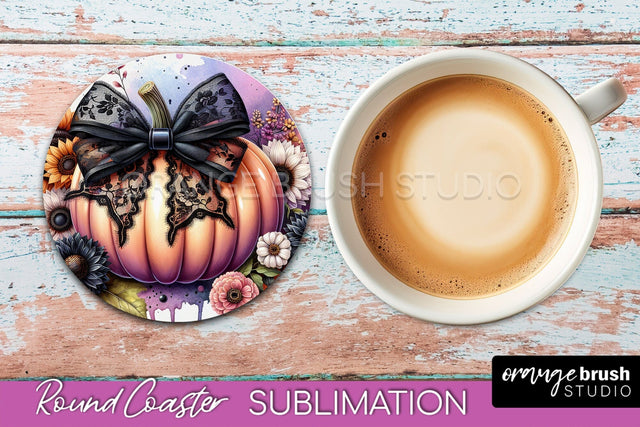 Coquette Fall Pumpkin Round Coaster Sublimation Design Sublimation OrangeBrushStudio 