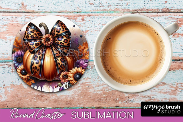 Coquette Fall Pumpkin Round Coaster Sublimation Design Sublimation OrangeBrushStudio 