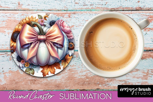 Coquette Fall Pumpkin Round Coaster Sublimation Design Sublimation OrangeBrushStudio 