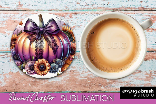 Coquette Fall Pumpkin Round Coaster Sublimation Design Sublimation OrangeBrushStudio 