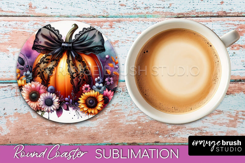 Coquette Fall Pumpkin Round Coaster Sublimation Design Sublimation OrangeBrushStudio 