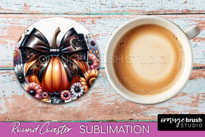 Coquette Fall Pumpkin Round Coaster Sublimation Design Sublimation OrangeBrushStudio 