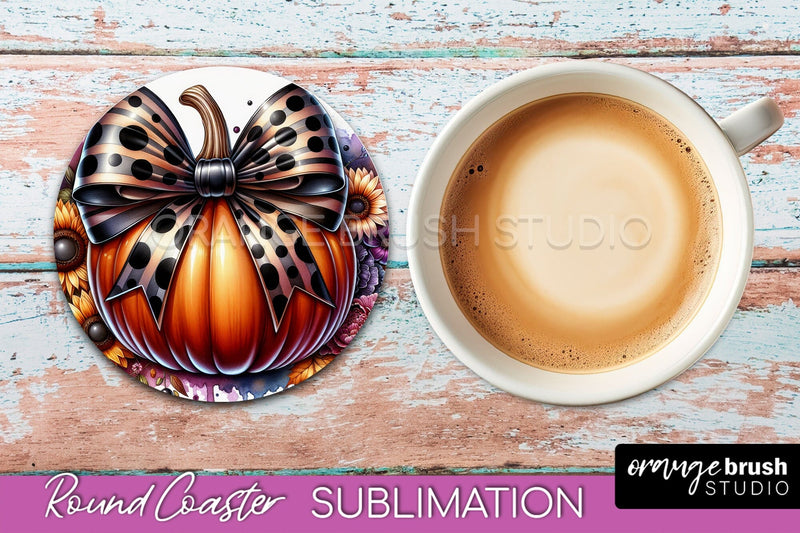 Coquette Fall Pumpkin Round Coaster Sublimation Design Sublimation OrangeBrushStudio 