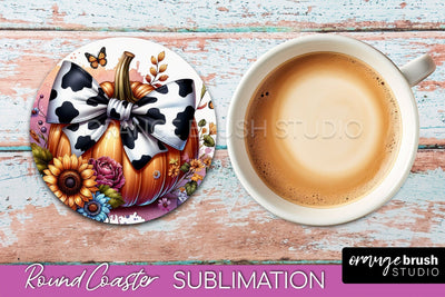 Coquette Fall Pumpkin Round Coaster Sublimation Design Sublimation OrangeBrushStudio 