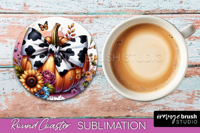 Coquette Fall Pumpkin Round Coaster Sublimation Design Sublimation OrangeBrushStudio 