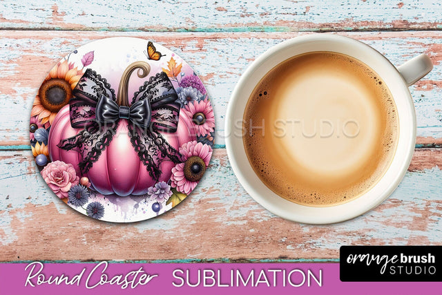 Coquette Fall Pumpkin Round Coaster Sublimation Design Sublimation OrangeBrushStudio 
