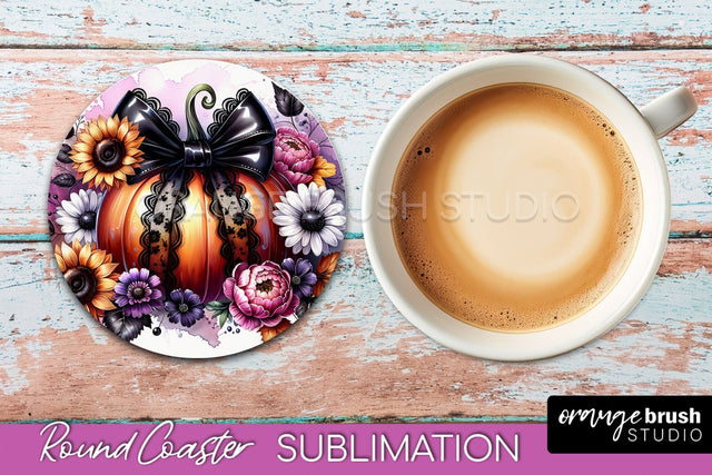 Coquette Fall Pumpkin Round Coaster Sublimation Design Sublimation OrangeBrushStudio 