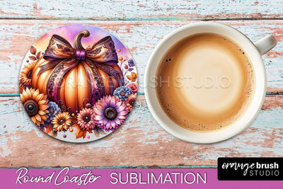 Coquette Fall Pumpkin Round Coaster Sublimation Design Sublimation OrangeBrushStudio 