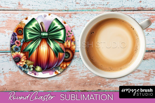 Coquette Fall Pumpkin Round Coaster Sublimation Design Sublimation OrangeBrushStudio 