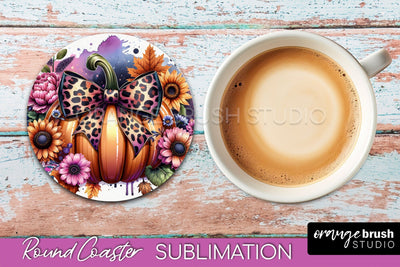Coquette Fall Pumpkin Round Coaster Sublimation Design Sublimation OrangeBrushStudio 