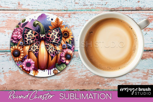 Coquette Fall Pumpkin Round Coaster Sublimation Design Sublimation OrangeBrushStudio 