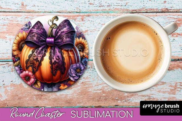 Coquette Fall Pumpkin Round Coaster Sublimation Design Sublimation OrangeBrushStudio 